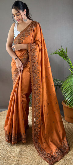 Beige and Brown color Saree in Art Silk fabric with Embroidered, Resham, Thread work