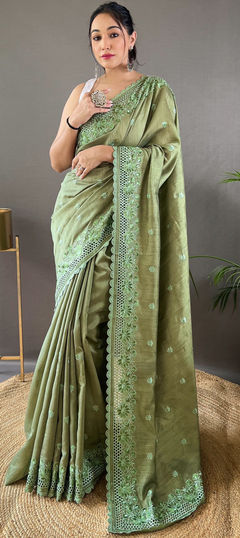 Green color Saree in Art Silk fabric with Embroidered, Resham, Thread work