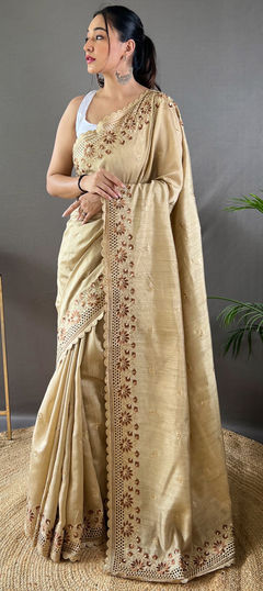 Beige and Brown color Saree in Art Silk fabric with Embroidered, Resham, Thread work