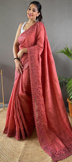 Pink and Majenta color Saree in Art Silk fabric with Embroidered, Resham, Thread work