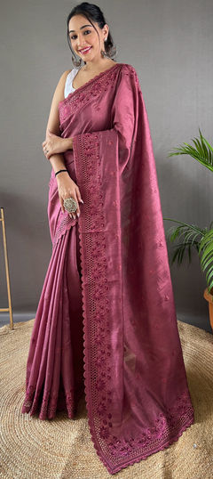 Purple and Violet color Saree in Art Silk fabric with Embroidered, Resham, Thread work