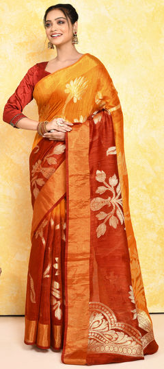 Gold color Saree in Silk fabric with Weaving, Zari work