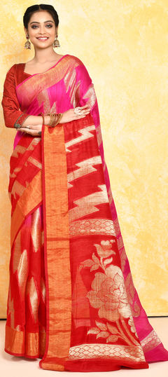 Pink and Majenta, Red and Maroon color Saree in Silk fabric with Weaving, Zari work