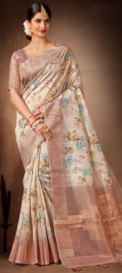 Beige and Brown color Saree in Organza Silk, Silk fabric with Digital Print work