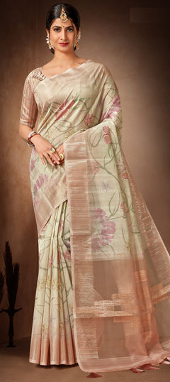 Green color Saree in Organza Silk, Silk fabric with Digital Print work