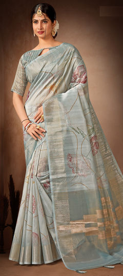 Black and Grey color Saree in Organza Silk, Silk fabric with Digital Print work