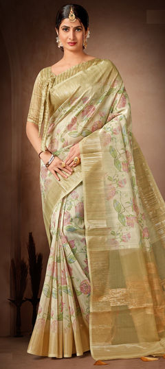 Green, White and Off White color Saree in Organza Silk, Silk fabric with Digital Print work