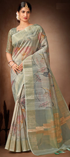 Black and Grey color Saree in Organza Silk, Silk fabric with Digital Print work