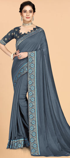 Festive, Party Wear Black and Grey color Saree in Art Silk fabric with Classic Border work : 1921328