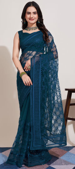 Festive, Party Wear Blue color Saree in Net fabric with Classic Embroidered, Resham, Sequence, Thread work : 1921384