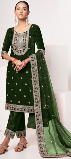 Festive, Party Wear Green color Salwar Kameez in Velvet fabric with Straight Embroidered, Resham, Sequence, Zari work : 1921482