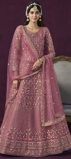 Festive, Party Wear, Wedding Pink and Majenta color Salwar Kameez in Net fabric with Anarkali Embroidered, Sequence, Thread, Zari work : 1921487