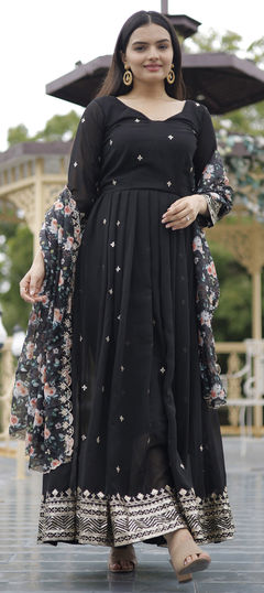 Black and Grey color Salwar Kameez in Georgette fabric with Embroidered, Sequence, Zari work