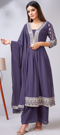 Festive, Reception Purple and Violet color Salwar Kameez in Faux Georgette fabric with A Line, Palazzo Sequence work : 1921553