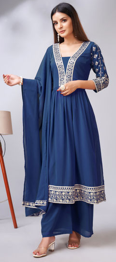 Festive, Reception Blue color Salwar Kameez in Faux Georgette fabric with A Line, Palazzo Sequence work : 1921554