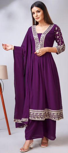 Festive, Reception Purple and Violet color Salwar Kameez in Faux Georgette fabric with A Line, Palazzo Sequence work : 1921555