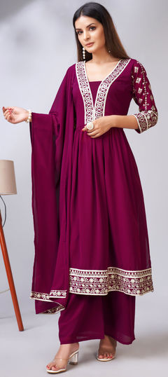 Festive, Reception Pink and Majenta color Salwar Kameez in Faux Georgette fabric with A Line, Palazzo Sequence work : 1921556