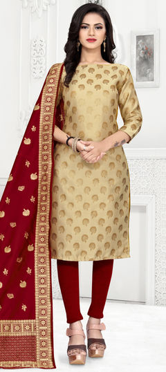 Beige and Brown color Salwar Kameez in Banarasi Silk fabric with Weaving, Zari work