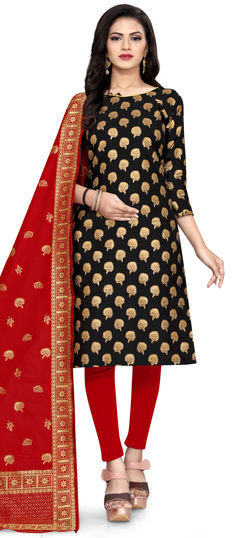 Black and Grey color Salwar Kameez in Banarasi Silk fabric with Weaving, Zari work