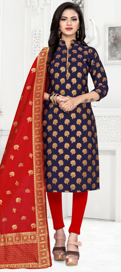 Blue color Salwar Kameez in Banarasi Silk fabric with Weaving, Zari work