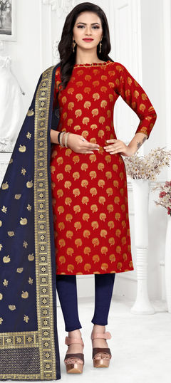 Red and Maroon color Salwar Kameez in Banarasi Silk fabric with Weaving, Zari work