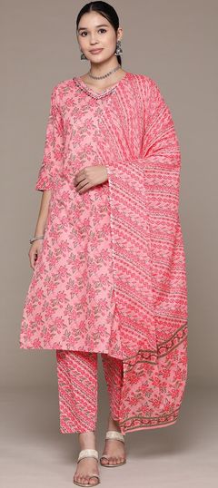 Festive, Party Wear, Summer Pink and Majenta color Salwar Kameez in Cotton fabric with Straight Floral, Printed, Thread work : 1921606