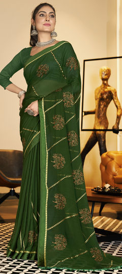 Festive, Party Wear Green color Saree in Chiffon fabric with Classic Embroidered, Swarovski, Thread work : 1921615