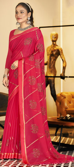 Festive, Party Wear Pink and Majenta color Saree in Chiffon fabric with Classic Embroidered, Swarovski, Thread work : 1921616