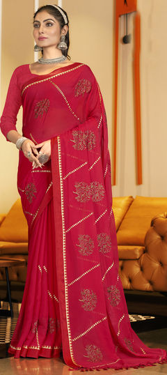 Festive, Party Wear Pink and Majenta color Saree in Chiffon fabric with Classic Embroidered, Swarovski work : 1921621