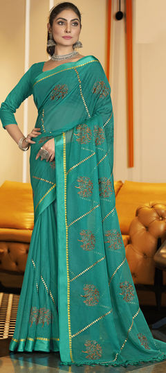 Festive, Party Wear Blue color Saree in Chiffon fabric with Classic Embroidered, Swarovski, Thread work : 1921624