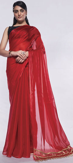 Red and Maroon color Saree in Art Silk, Silk fabric with Thread work