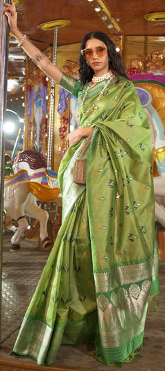 Festive, Party Wear, Traditional Green color Saree in Handloom fabric with Bengali Weaving work : 1921678