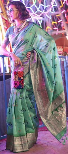 Festive, Party Wear, Traditional Green color Saree in Handloom fabric with Bengali Weaving work : 1921693