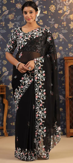 Black and Grey color Saree in Georgette fabric with Embroidered, Sequence, Thread work