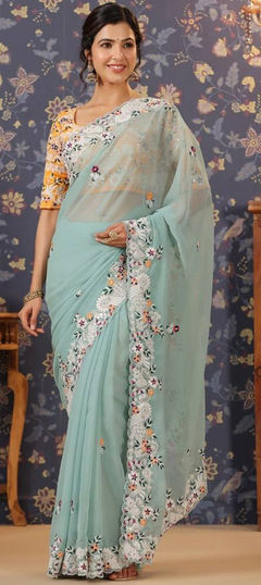 Blue color Saree in Georgette fabric with Embroidered, Sequence, Thread work