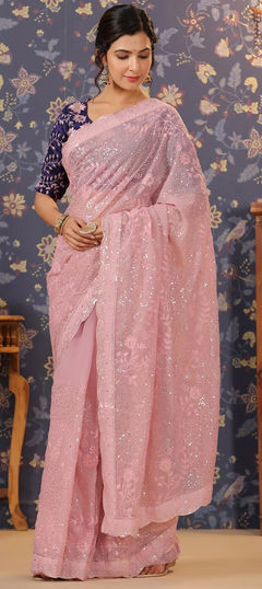 Pink and Majenta color Saree in Georgette fabric with Embroidered, Sequence, Thread work