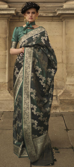 Green color Saree in Satin Silk fabric with Weaving, Zari work