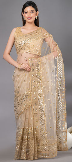 Festive, Party Wear, Wedding Gold color Saree in Net fabric with Classic Sequence work : 1921718