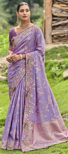 Purple and Violet color Saree in Banarasi Silk fabric with Embroidered, Sequence, Thread, Weaving, Zari work