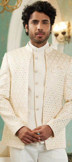 White and Off White color Nehru Jacket in Art Silk fabric with Embroidered, Resham, Sequence, Thread work