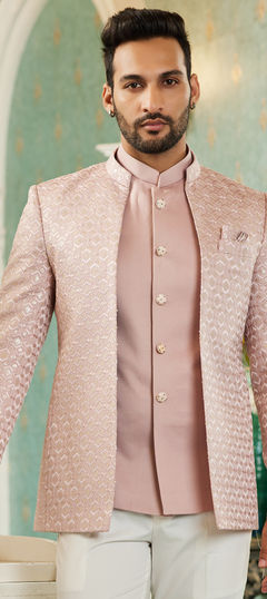 Pink and Majenta color Nehru Jacket in Art Silk fabric with Embroidered, Resham, Sequence, Thread work