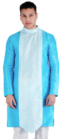 Blue, White and Off White color Kurta in Dupion Silk fabric with Patch work