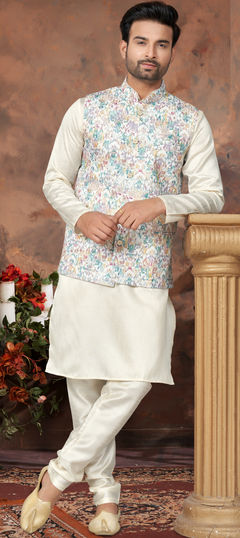 White and Off White color Kurta Pyjama with Jacket in Silk fabric with Digital Print, Sequence, Thread work