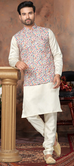 White and Off White color Kurta Pyjama with Jacket in Silk fabric with Digital Print, Sequence, Thread work