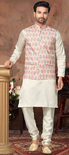 White and Off White color Kurta Pyjama with Jacket in Silk fabric with Digital Print, Sequence, Thread work