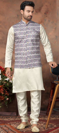 White and Off White color Kurta Pyjama with Jacket in Silk fabric with Digital Print, Sequence, Thread work