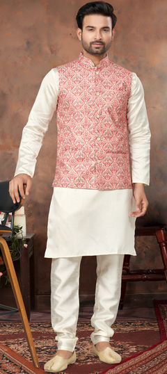 White and Off White color Kurta Pyjama with Jacket in Silk fabric with Digital Print, Sequence, Thread work