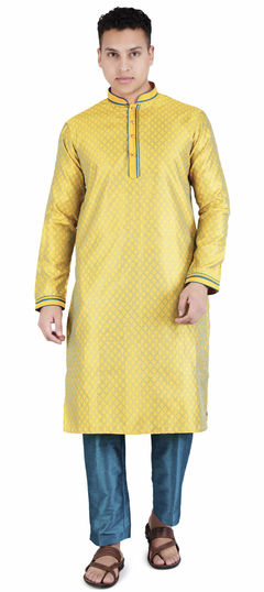 Green, Yellow color Kurta Pyjamas in Jacquard fabric with Weaving work