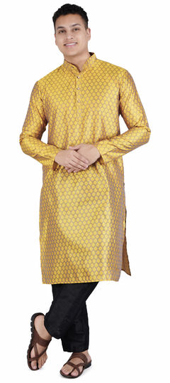 Green, Yellow color Kurta Pyjamas in Jacquard fabric with Weaving work