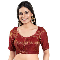 Red and Maroon color Blouse in Brocade fabric with Weaving work